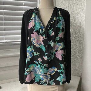 Yumi Kim Black Silk Top with Teal Lilac Floral Print